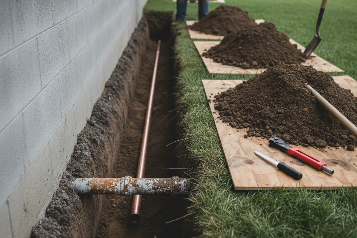 Excavated water line trench during Water Softener Installation in Grinnell